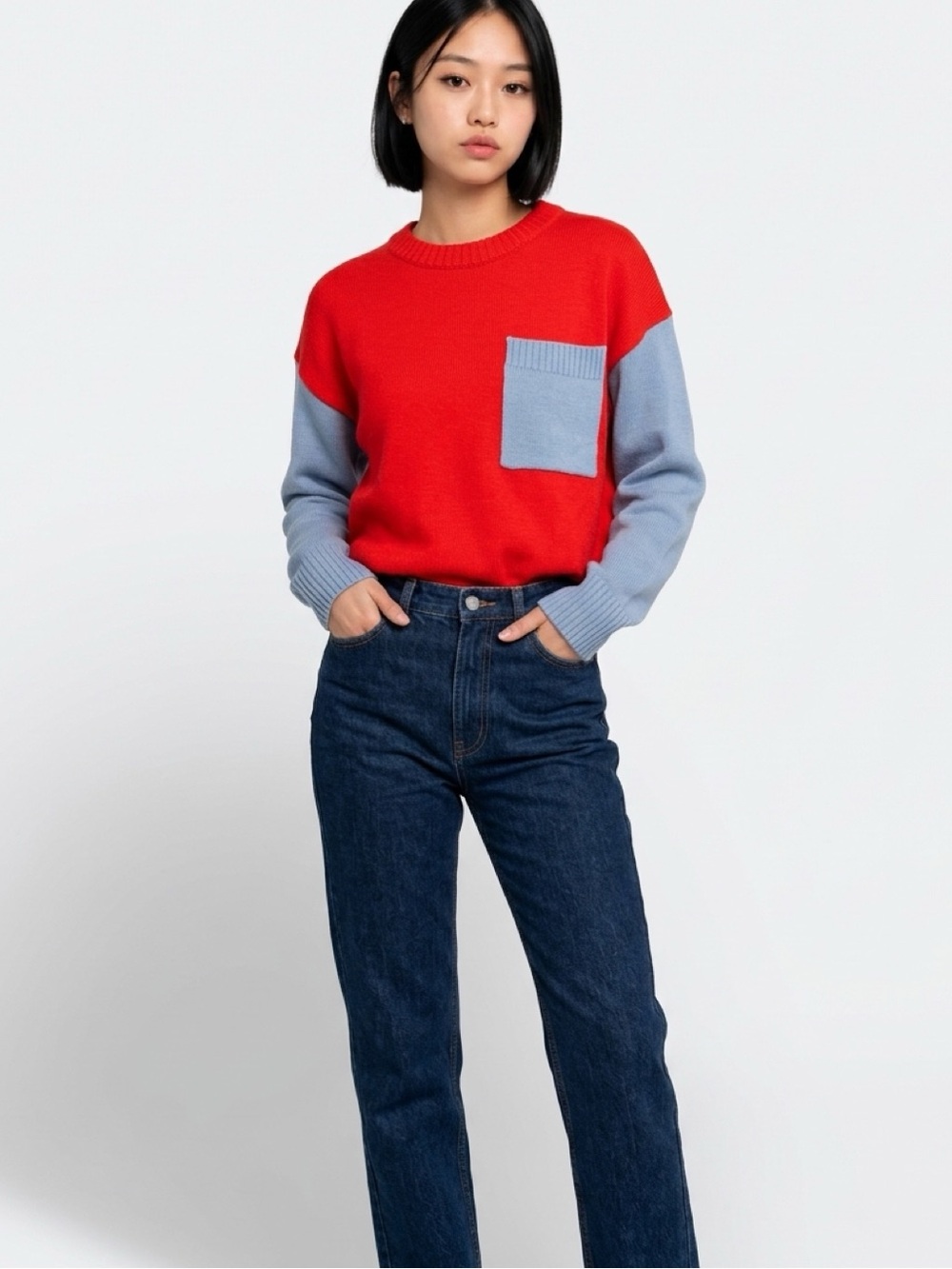 ee some red/blue color block crew neck sweater